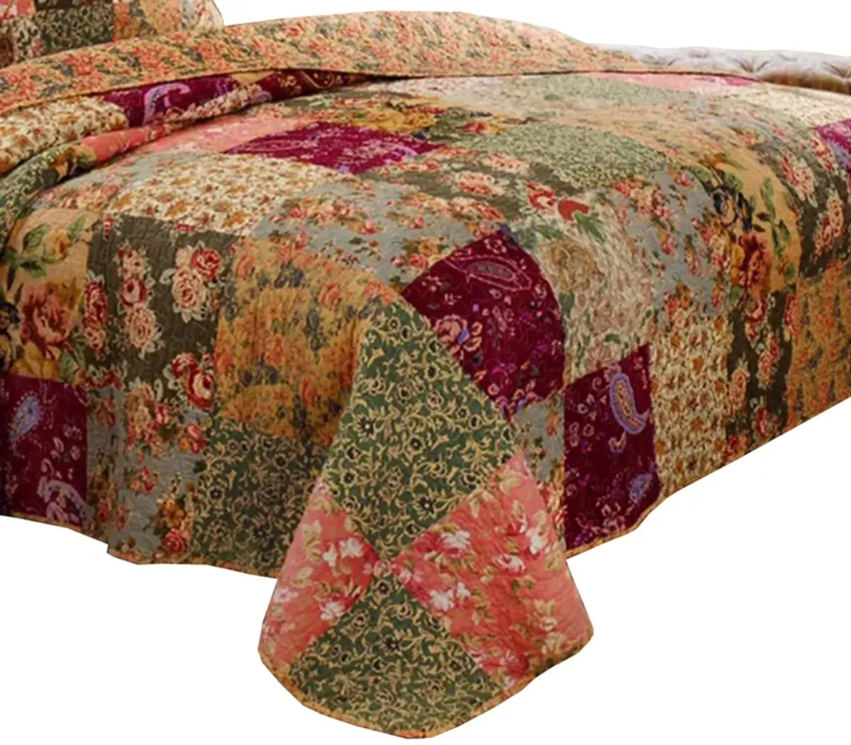 Kamet 3 Piece Fabric Queen Size Bedspread Set with Floral Prints,Multicolor - Benzara