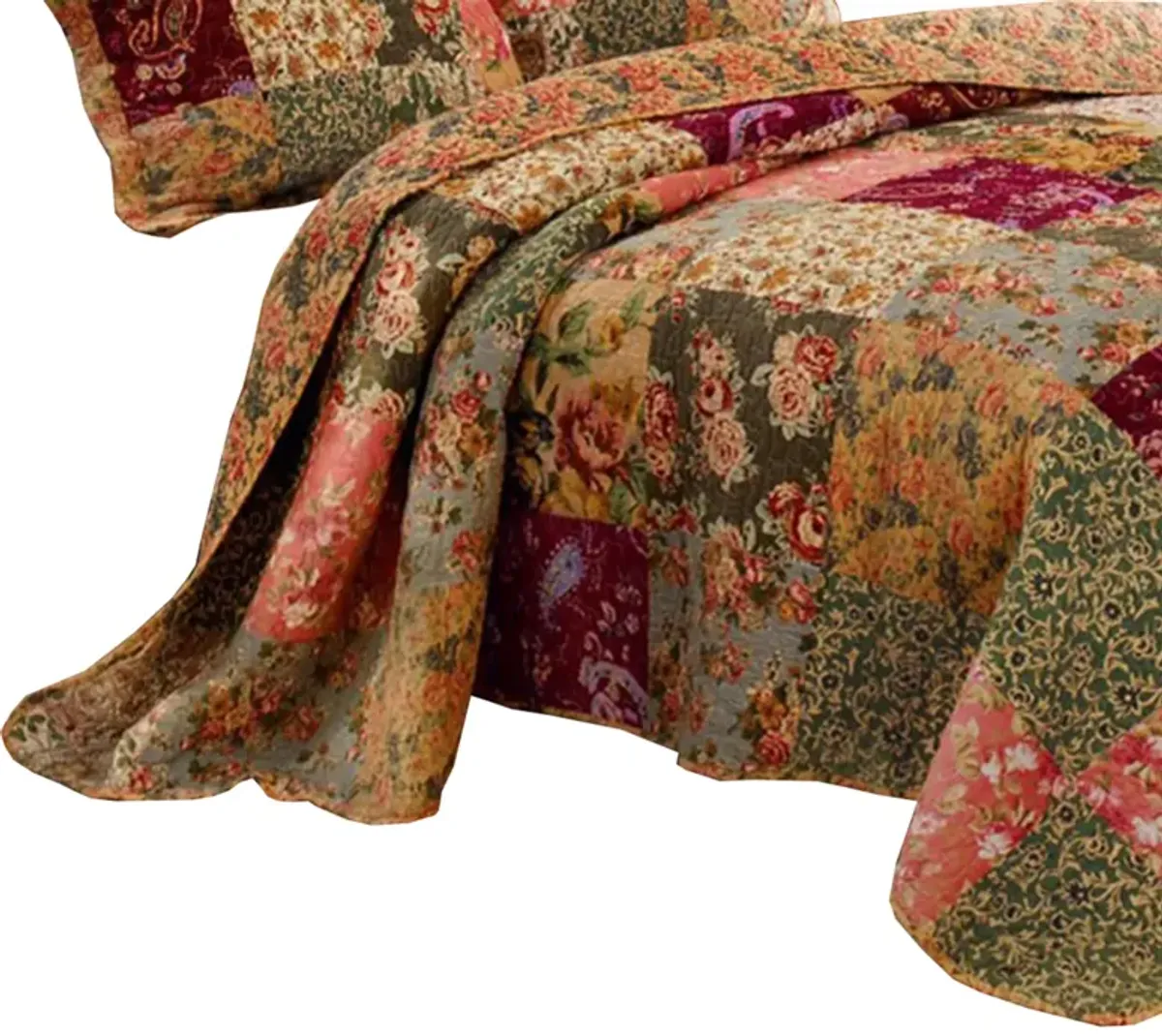 Kamet 3 Piece Fabric Queen Size Bedspread Set with Floral Prints,Multicolor - Benzara