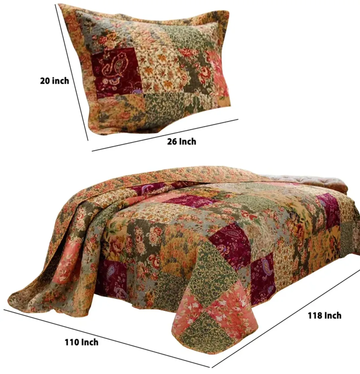 Kamet 3 Piece Fabric Queen Size Bedspread Set with Floral Prints,Multicolor - Benzara