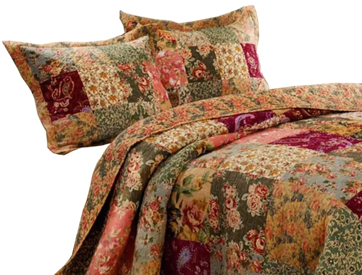 Kamet 3 Piece Fabric Queen Size Bedspread Set with Floral Prints,Multicolor - Benzara