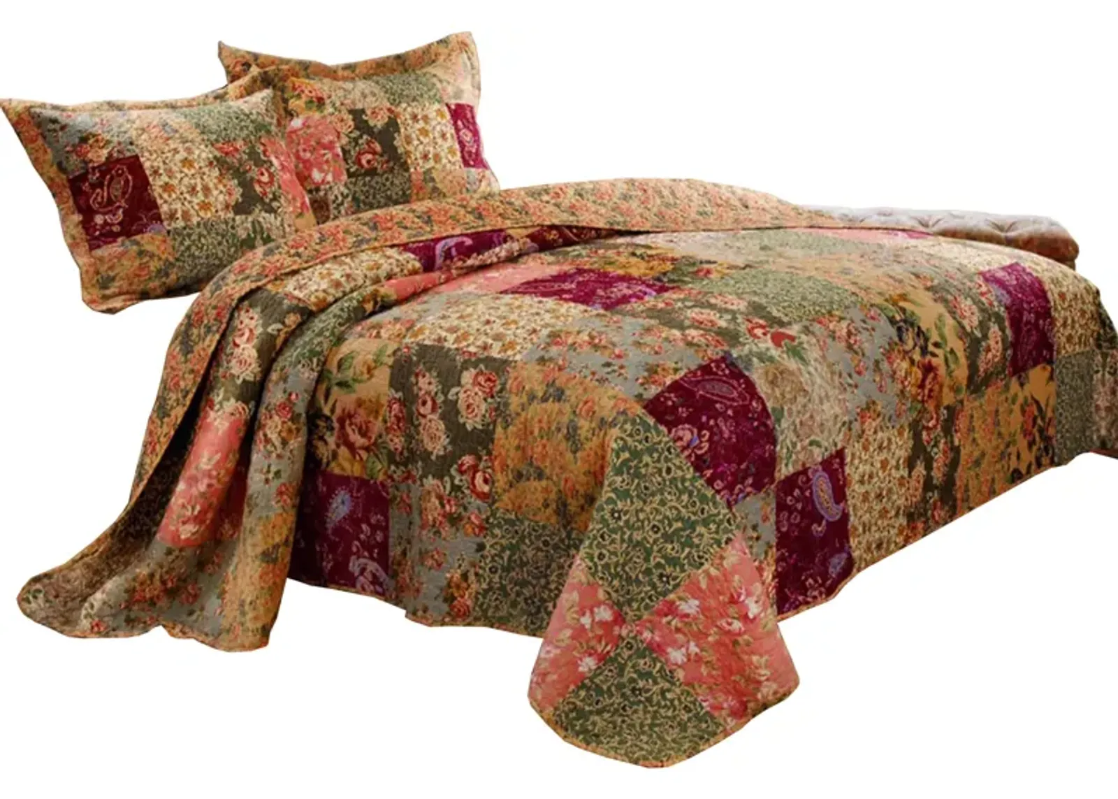 Kamet 3 Piece Fabric Queen Size Bedspread Set with Floral Prints,Multicolor - Benzara