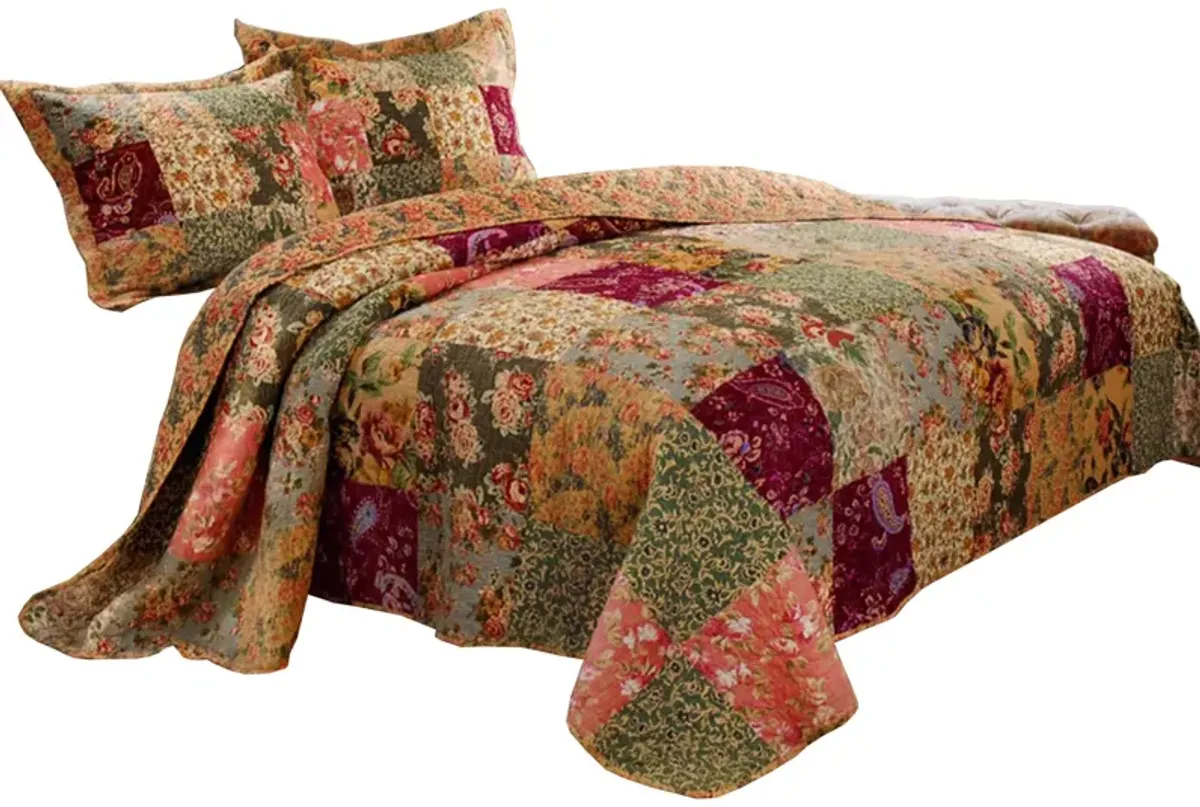 Kamet 3 Piece Fabric Queen Size Bedspread Set with Floral Prints,Multicolor - Benzara