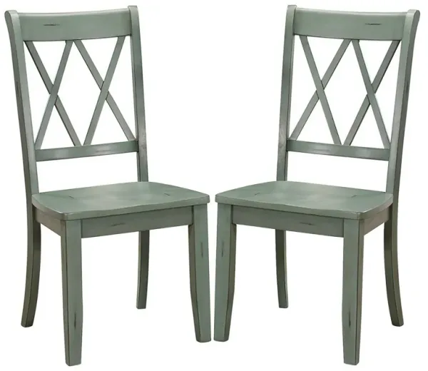 Pine Veneer Side Chair With Double X Cross Back, Teal Blue, Set of 2-Benzara
