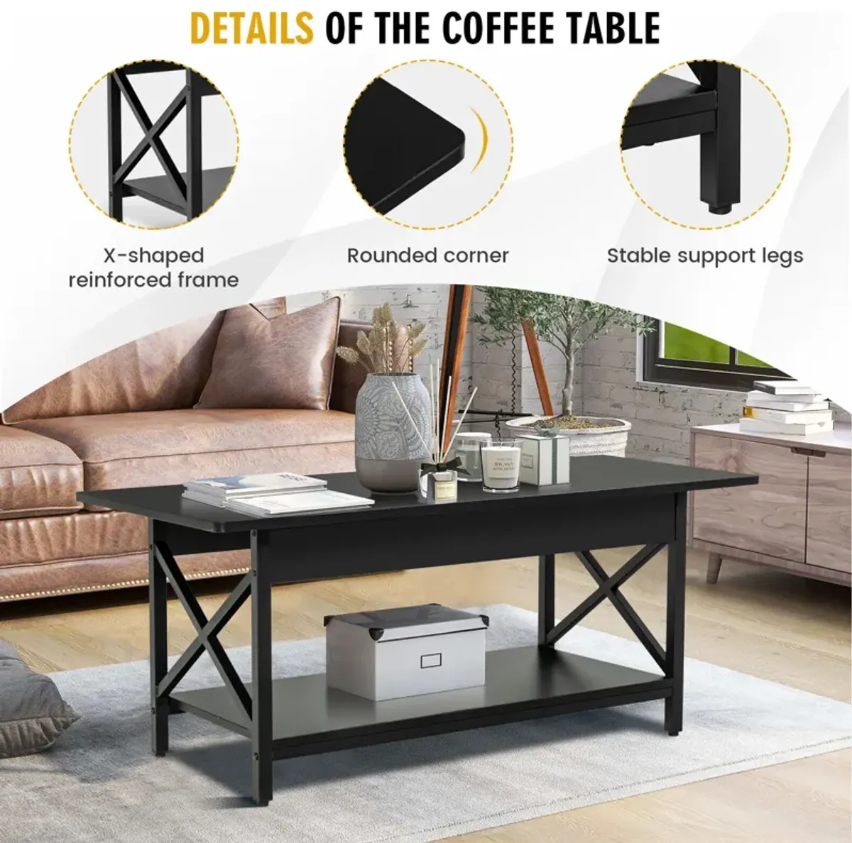 2-Tier Industrial Rectangular Coffee Table with Storage Shelf