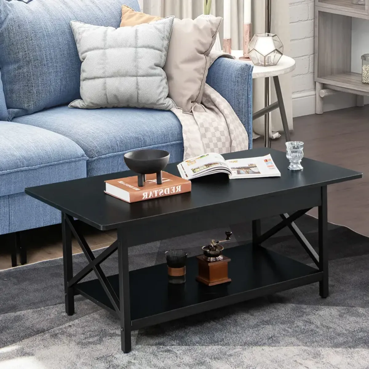 2-Tier Industrial Rectangular Coffee Table with Storage Shelf