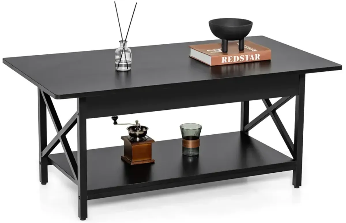 2-Tier Industrial Rectangular Coffee Table with Storage Shelf