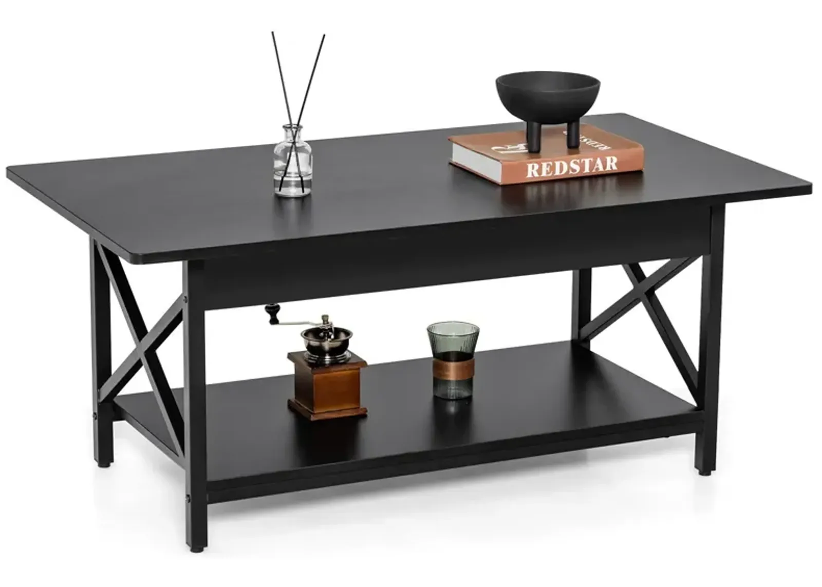 2-Tier Industrial Rectangular Coffee Table with Storage Shelf