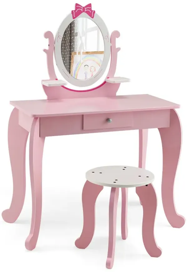 Kid Vanity Table Stool Set with Oval Rotatable Mirror-Pink