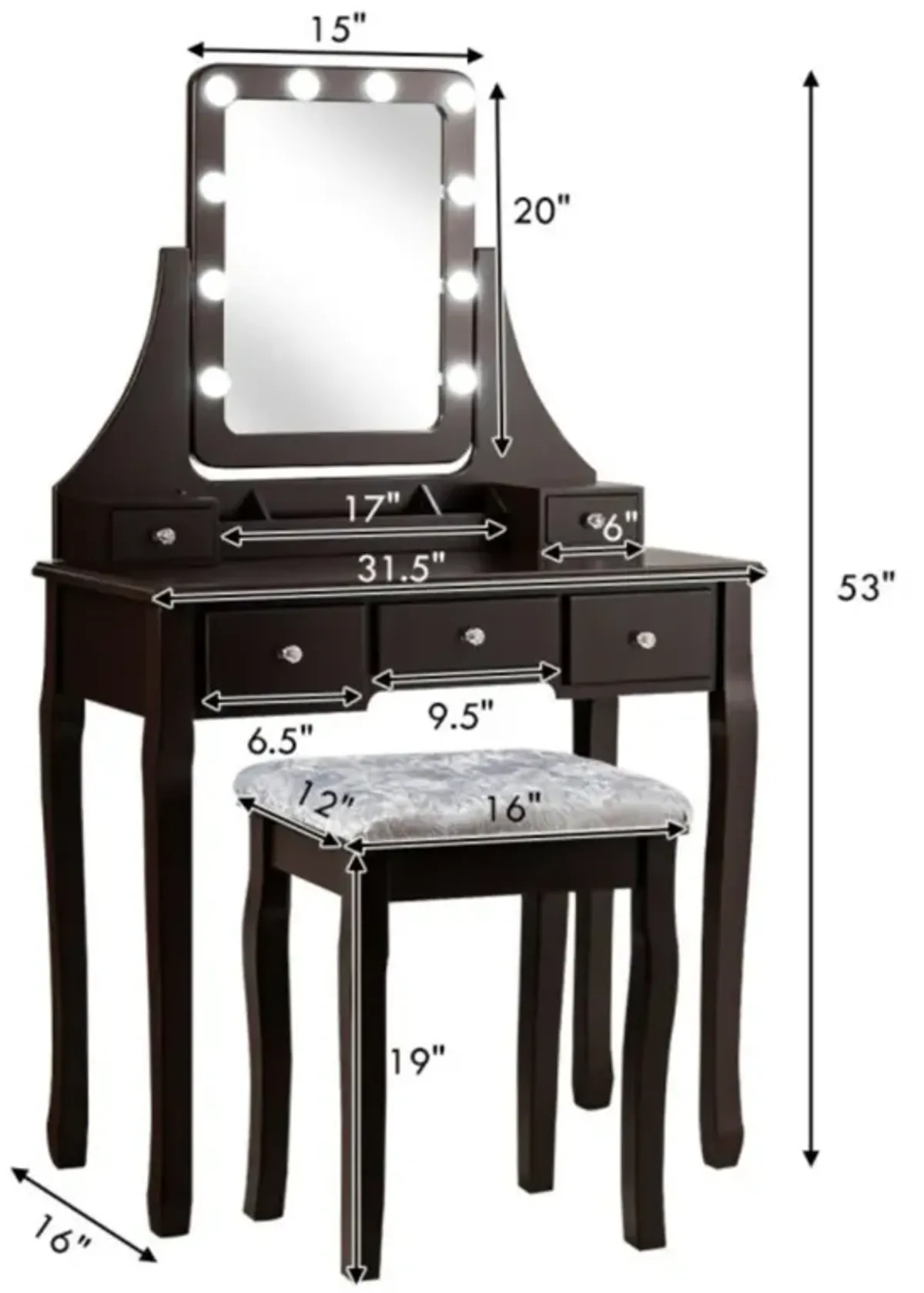 Hivvago Vanity Dressing Table Set with 10 Dimmable Bulbs and Cushioned Stool