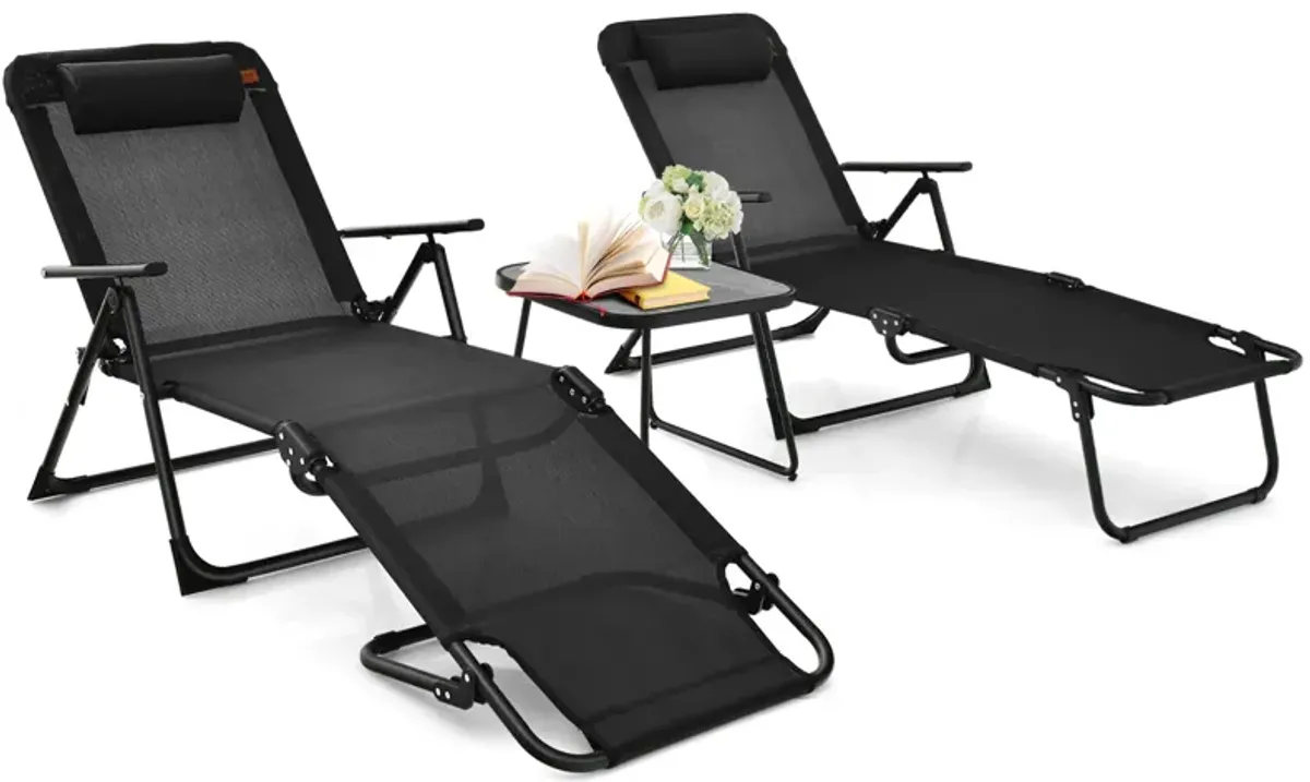 3 Pieces Patio Folding Chaise Lounge Set with PVC Tabletop-Black