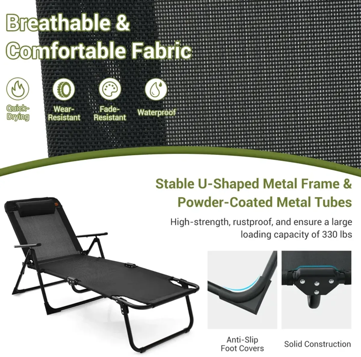 3 Pieces Patio Folding Chaise Lounge Set with PVC Tabletop-Black