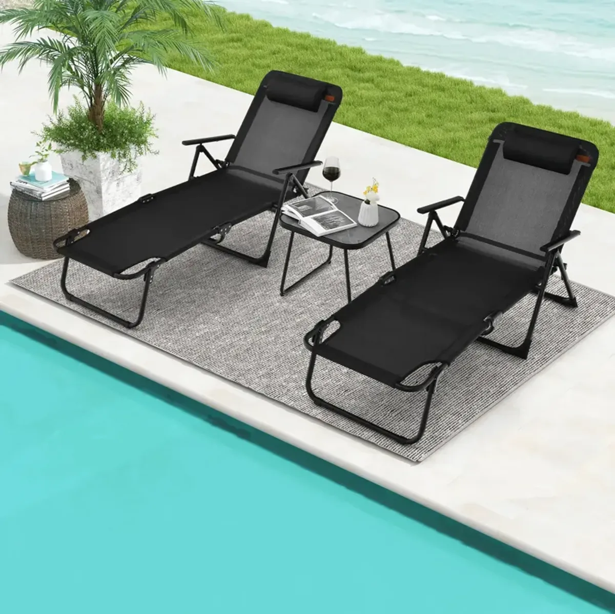 3 Pieces Patio Folding Chaise Lounge Set with PVC Tabletop-Black