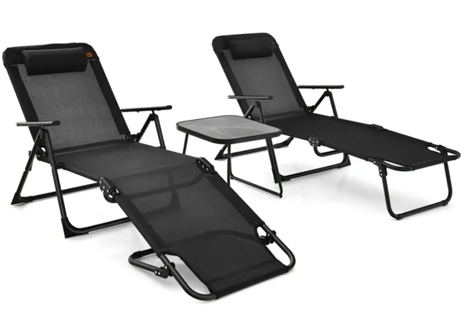 3 Pieces Patio Folding Chaise Lounge Set with PVC Tabletop-Black