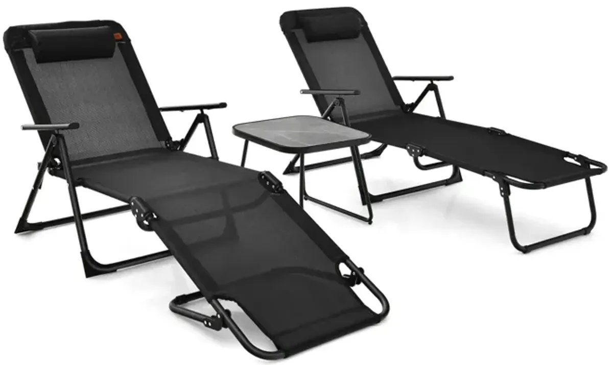 3 Pieces Patio Folding Chaise Lounge Set with PVC Tabletop-Black