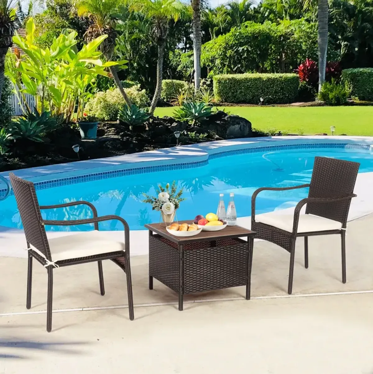 3 Pieces Patio Rattan Furniture Bistro Set with Wood Side Table and Stackable Chair