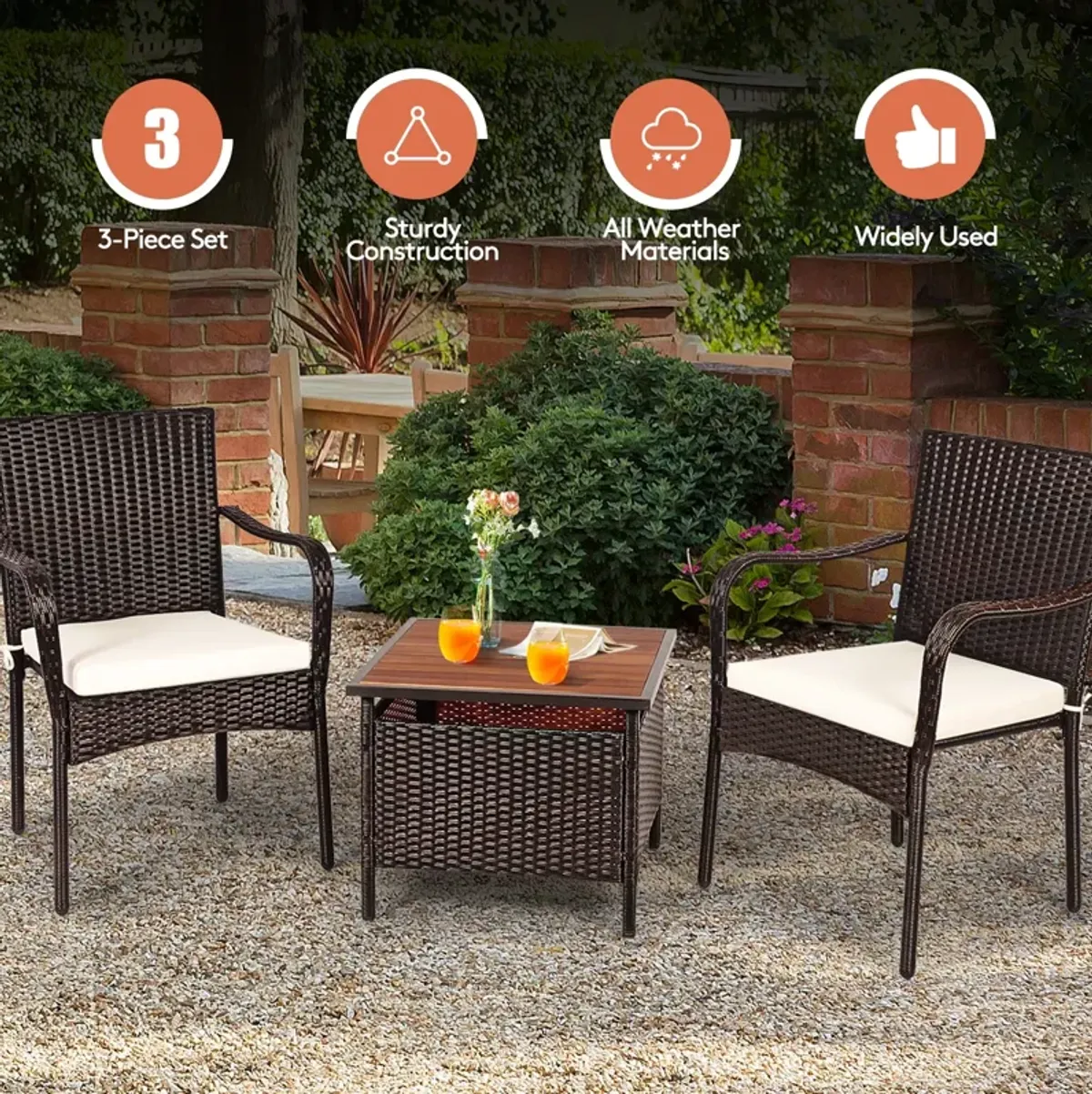 3 Pieces Patio Rattan Furniture Bistro Set with Wood Side Table and Stackable Chair