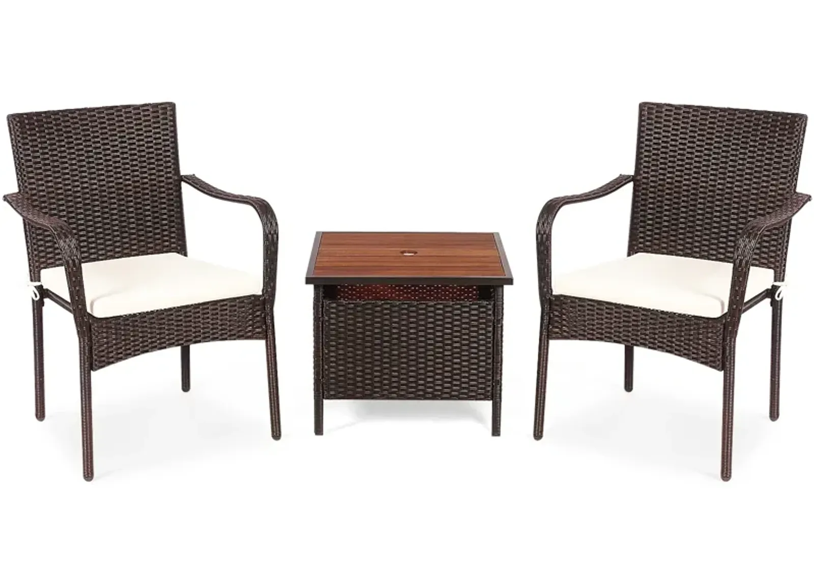 3 Pieces Patio Rattan Furniture Bistro Set with Wood Side Table and Stackable Chair