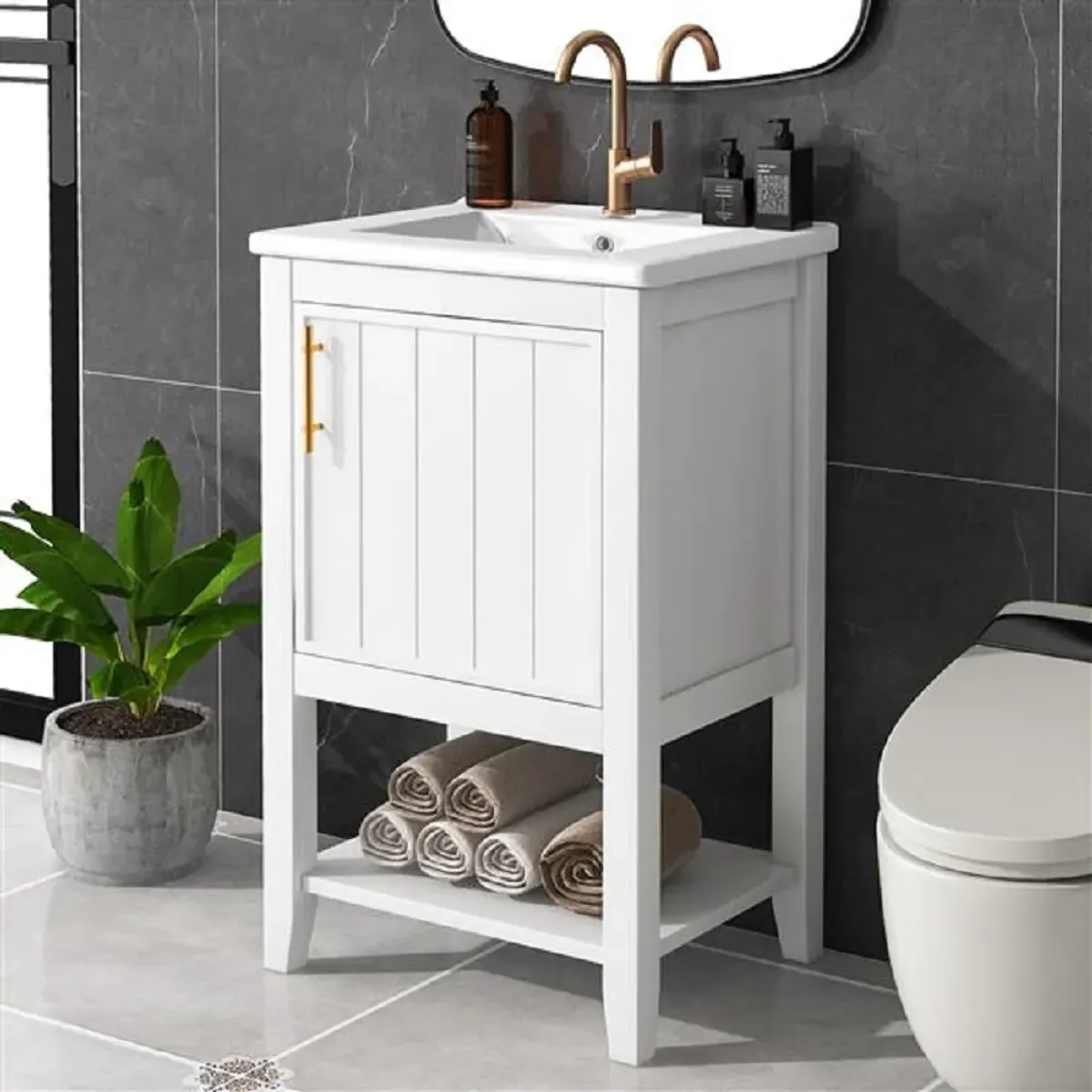 Modern Bathroom Vanity with Sink, Soft-Close Door, and Open Shelf Rack