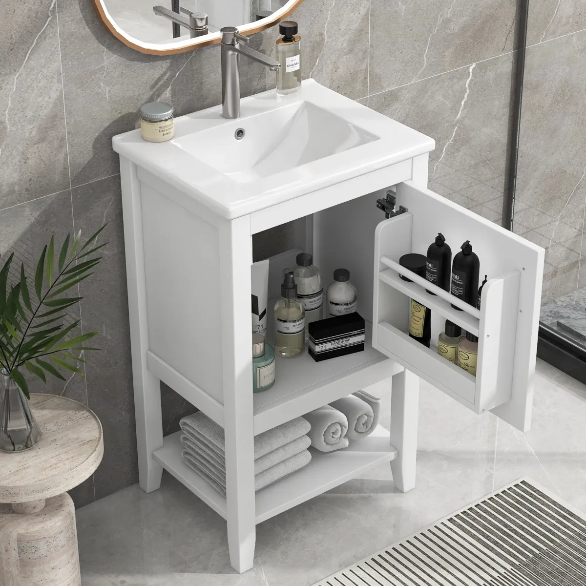 Modern Bathroom Vanity with Sink, Soft-Close Door, and Open Shelf Rack