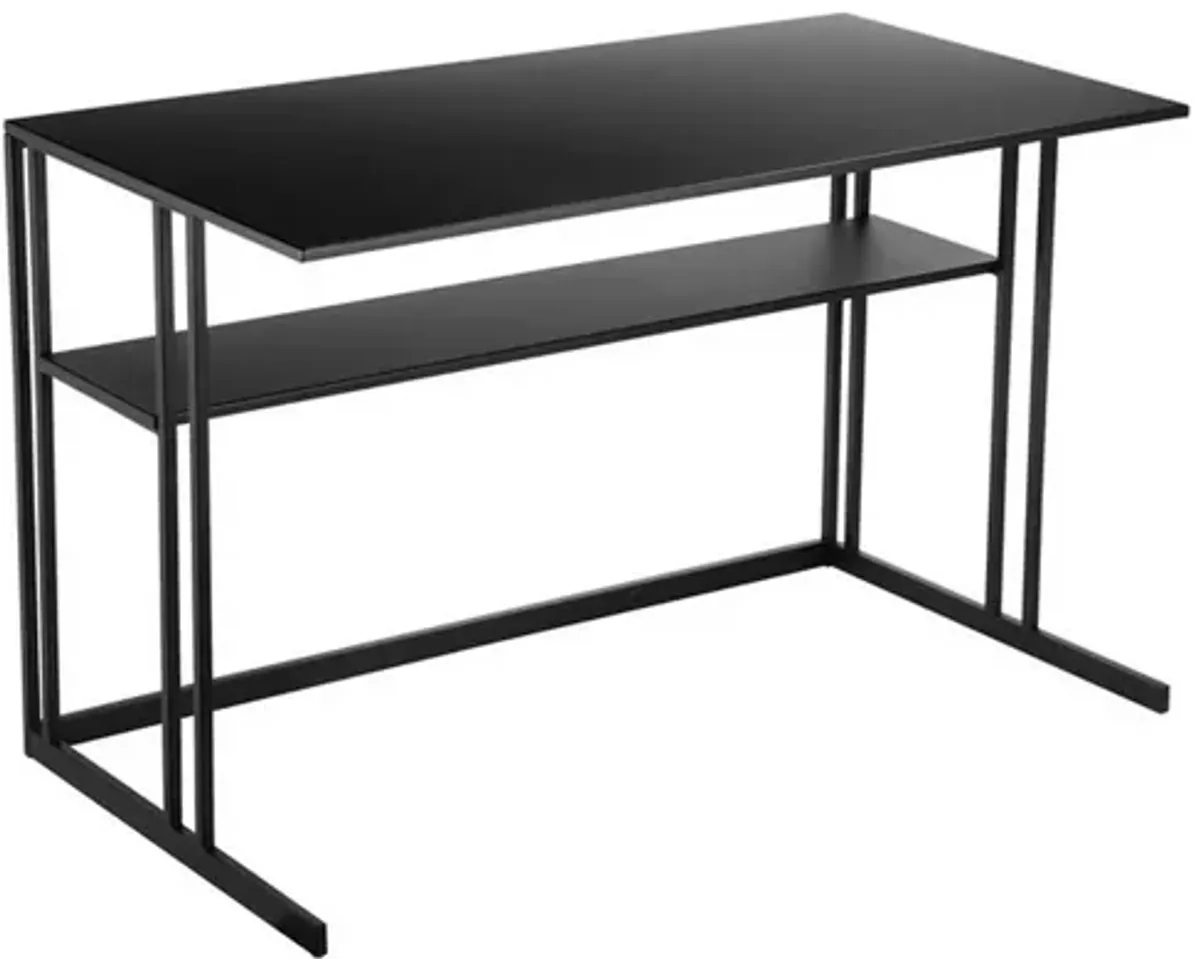 Femi 47 Inch Office Desk with Shelf, Open Steel Base, Modern Black Finish - Benzara