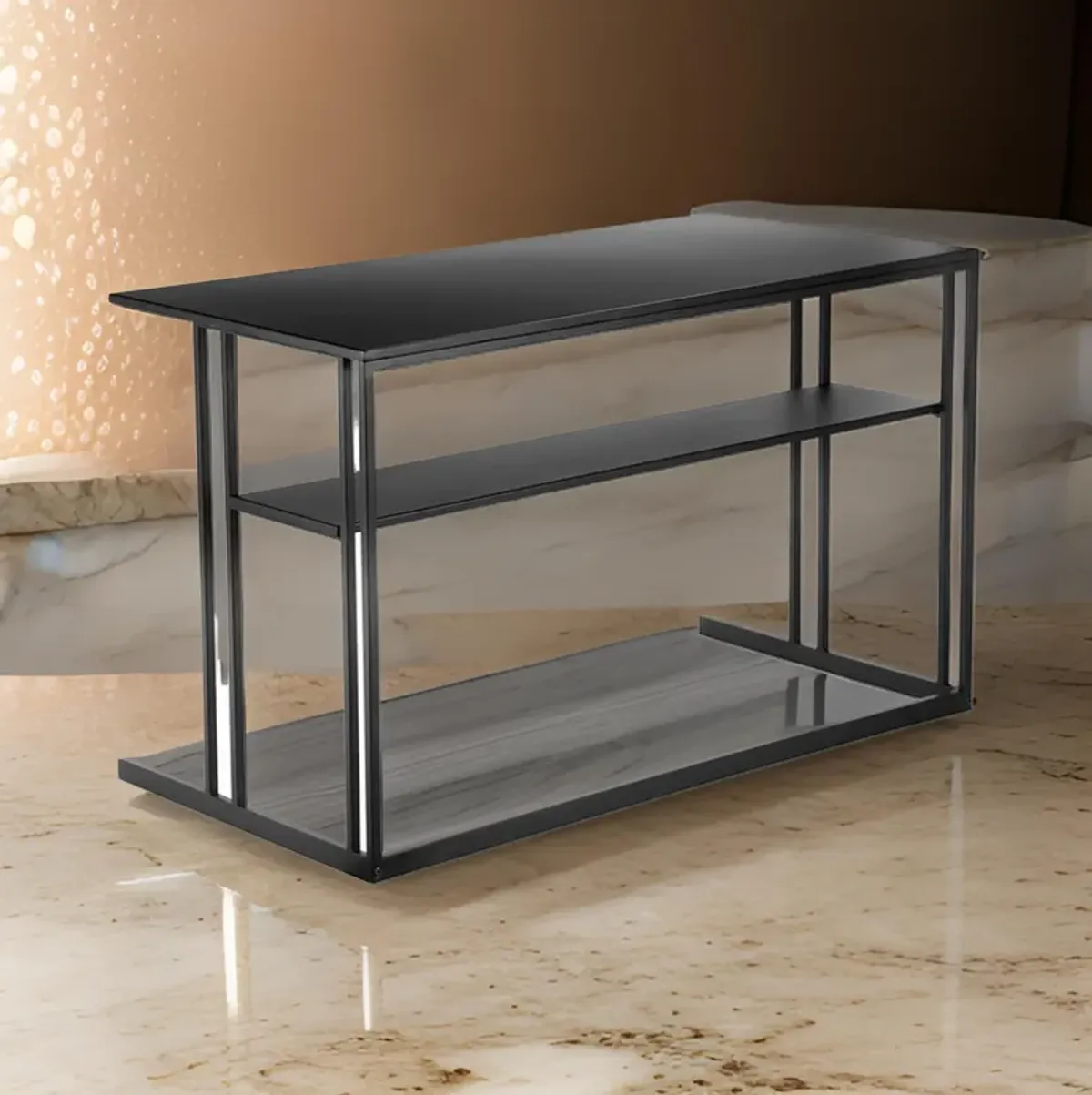 Femi 47 Inch Office Desk with Shelf, Open Steel Base, Modern Black Finish - Benzara