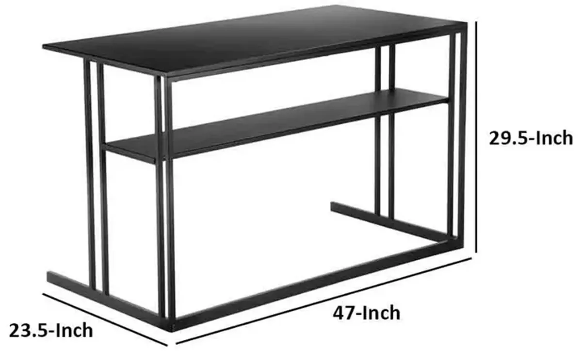 Femi 47 Inch Office Desk with Shelf, Open Steel Base, Modern Black Finish - Benzara