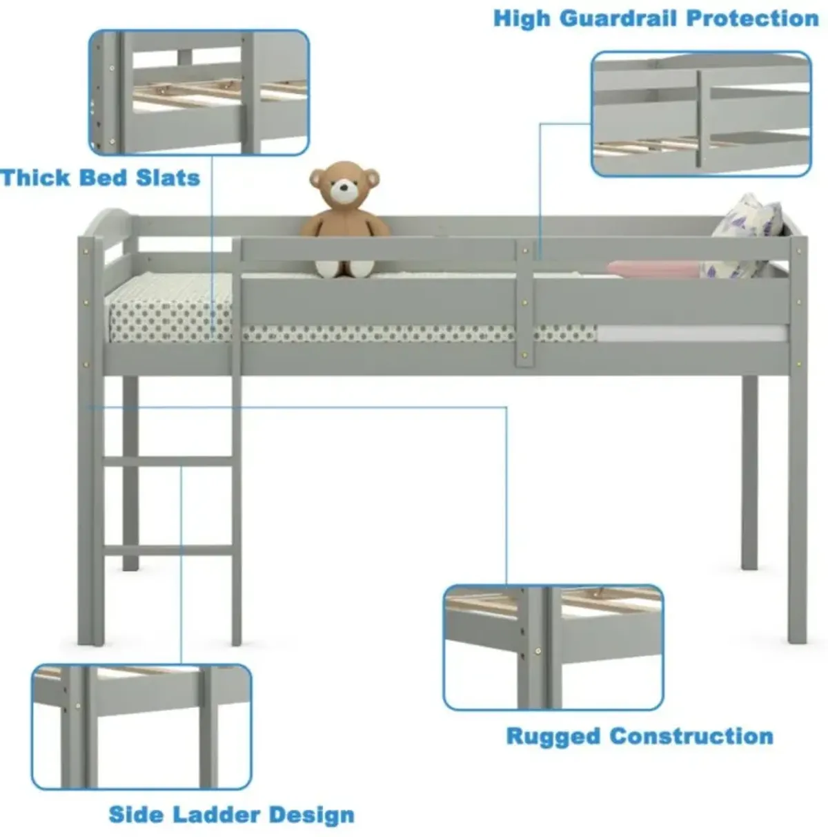 Hivvago Wooden Twin Low Loft Bunk Bed with Guard Rail and Ladder