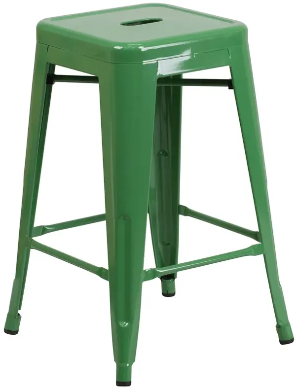 Flash Furniture Kai Commercial Grade 24" High Backless Green Metal Indoor-Outdoor Counter Height Stool with Square Seat