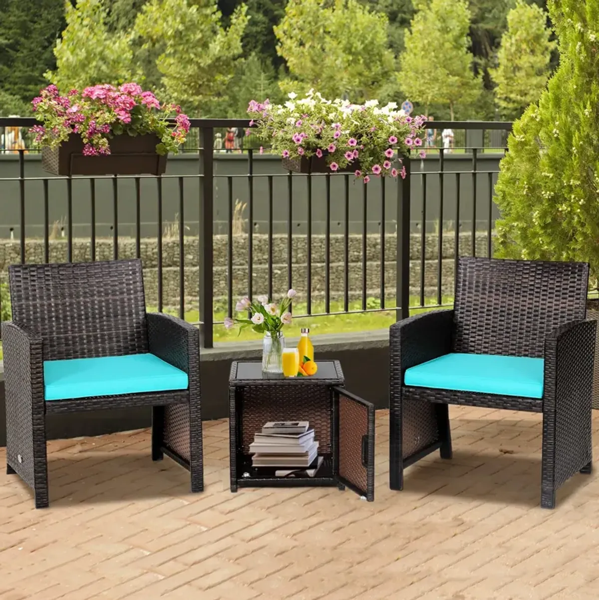 3 Pieces Patio Wicker Furniture Set with Storage Table and Protective Cover