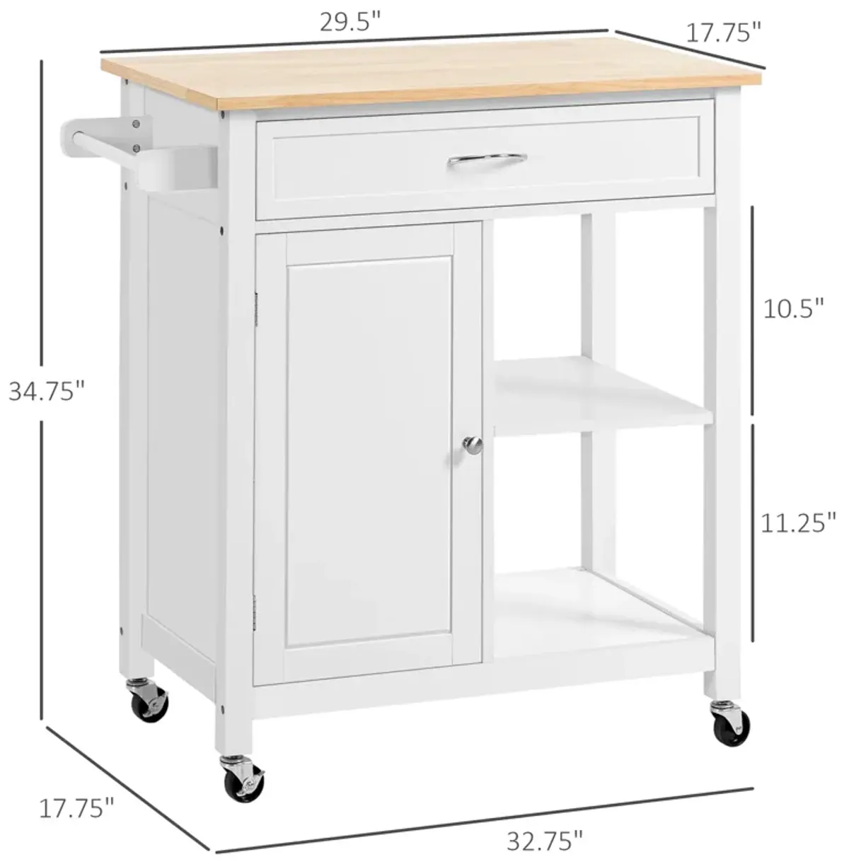 White Kitchen Helper: Rolling Island with Open Shelf & Drawer