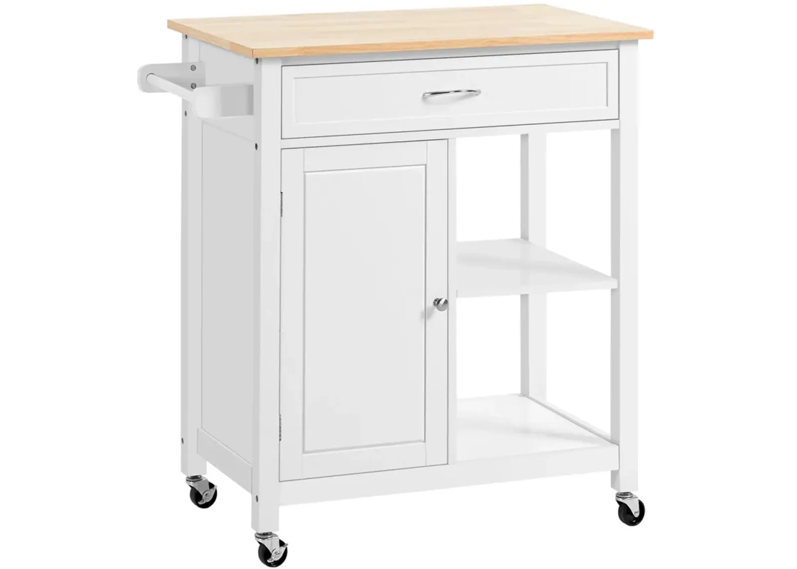 White Kitchen Helper: Rolling Island with Open Shelf & Drawer