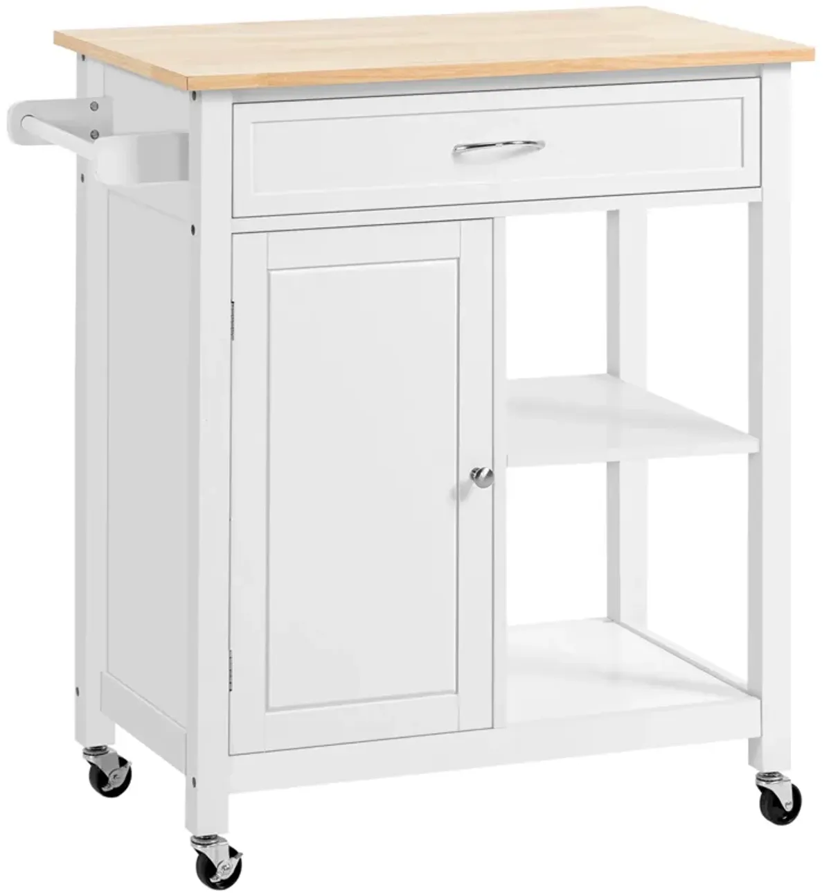 White Kitchen Helper: Rolling Island with Open Shelf & Drawer