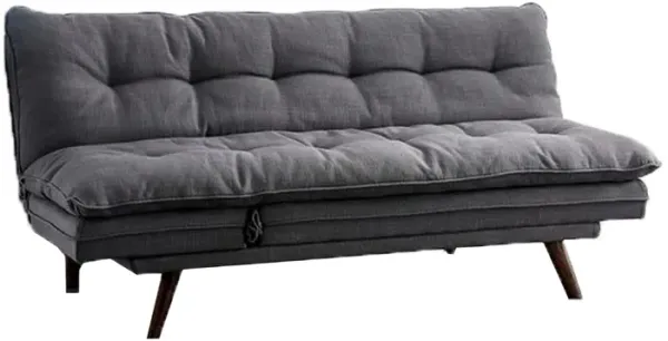 Futon Sofa, Gray Fabric Upholstered, Button Tufting, Solid Wood Frame - Benzara