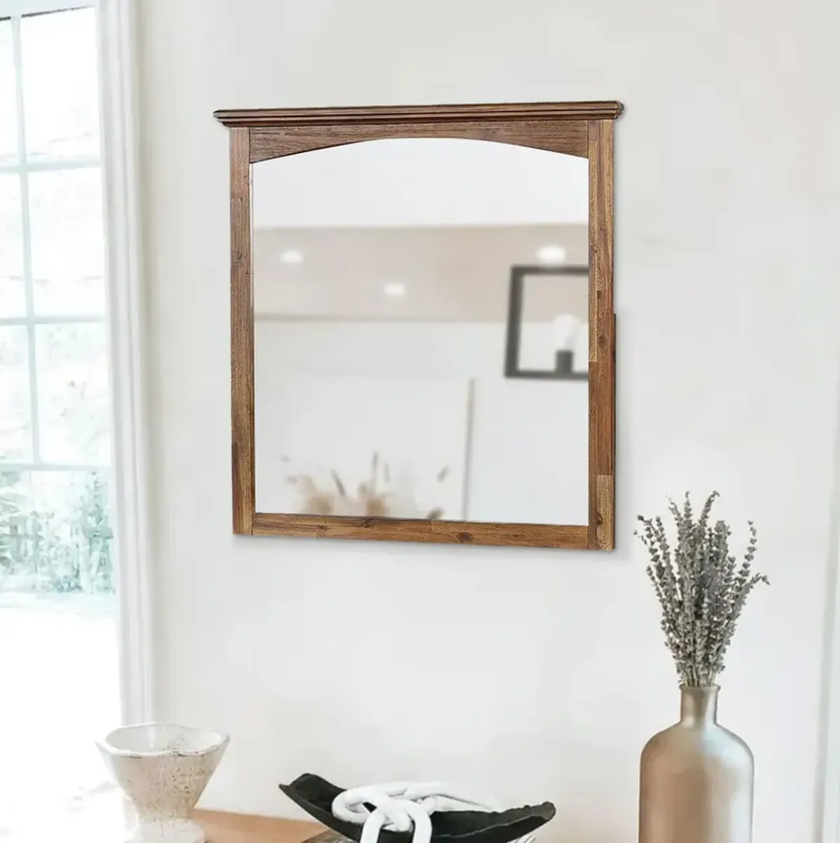37 Inch Transitional Style Wooden Frame Mirror, Dark Oak - Benzara