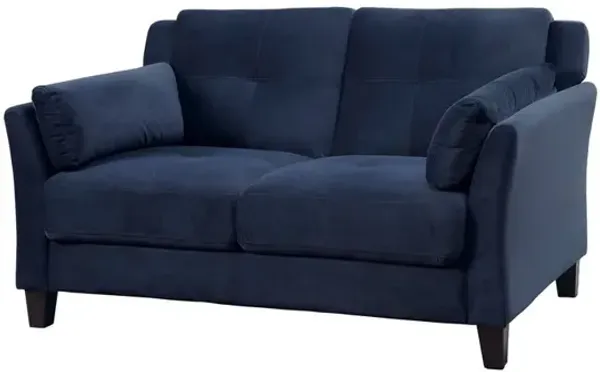 Fabric Upholstered Wooden Loveseat with Tufted Back pillows, Dark Blue - Benzara