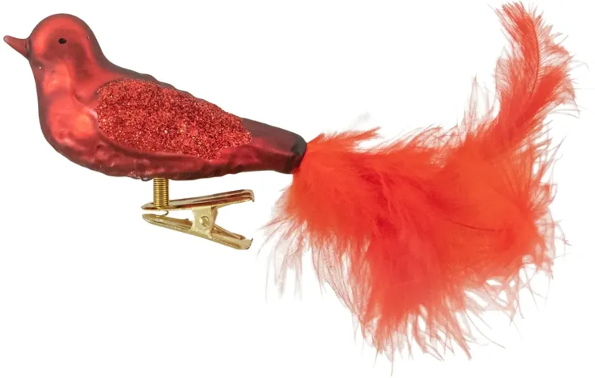 5.5" Red Bird with Feather Tail Glass Clip On Christmas Ornament