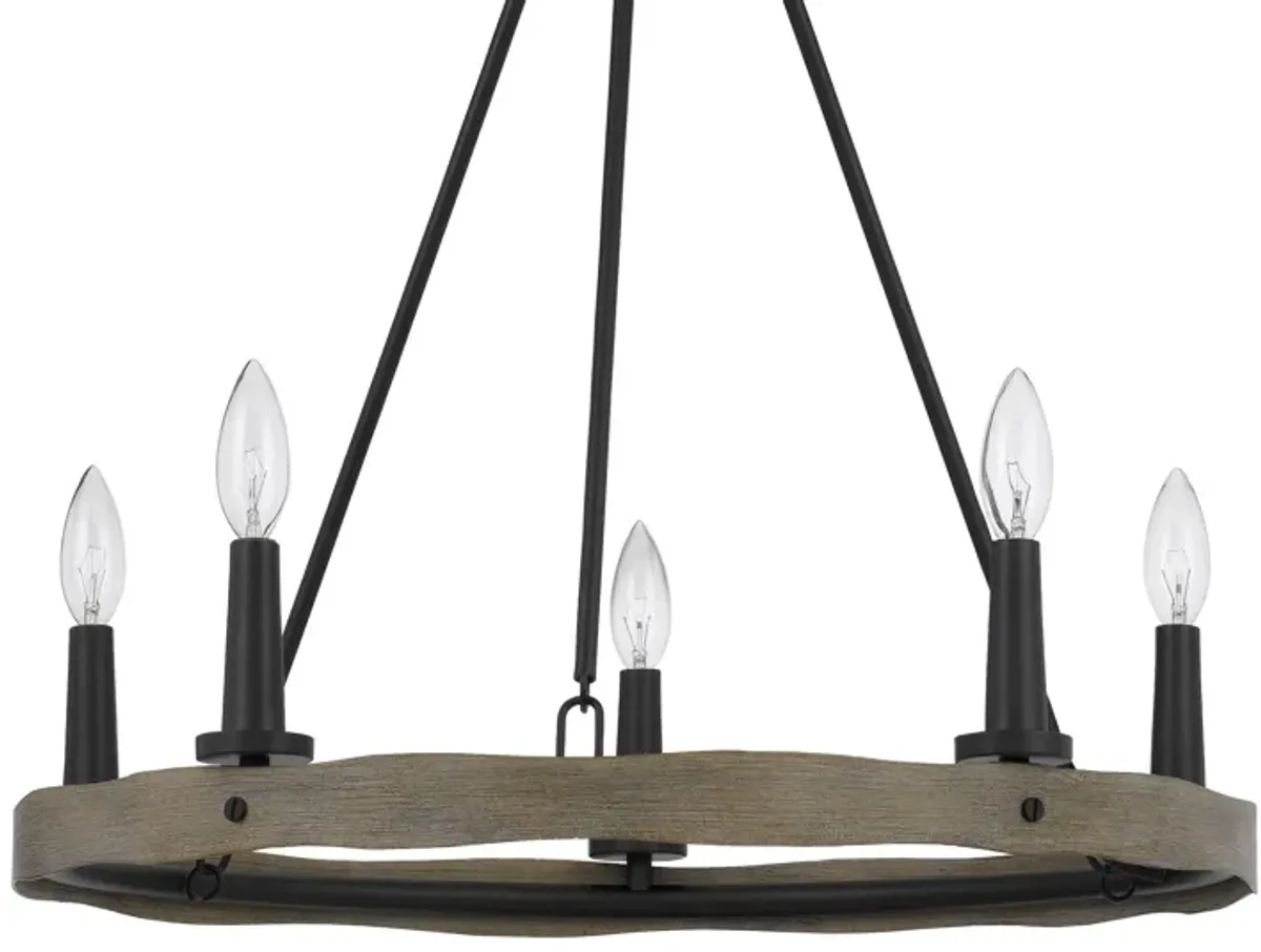 Stomy 23 Inch Chandelier, Brown Wood Wheel Design, Black Metal Chain - Benzara