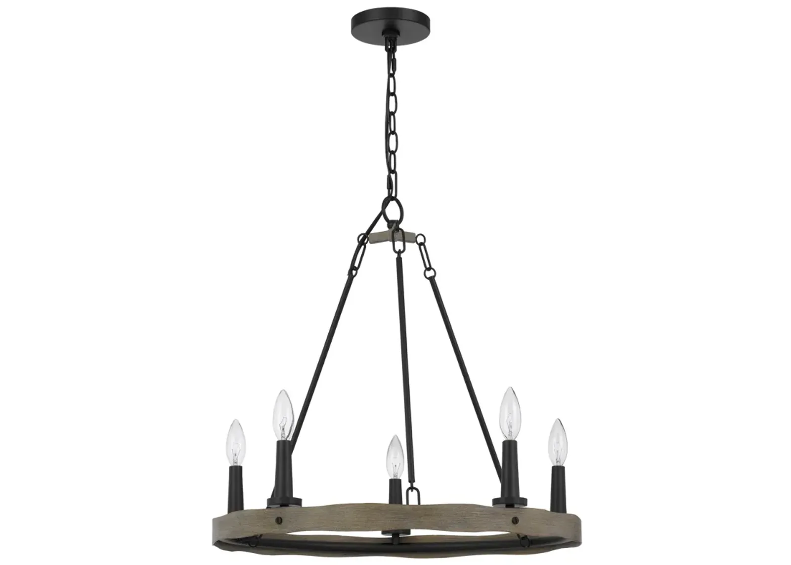 Stomy 23 Inch Chandelier, Brown Wood Wheel Design, Black Metal Chain - Benzara