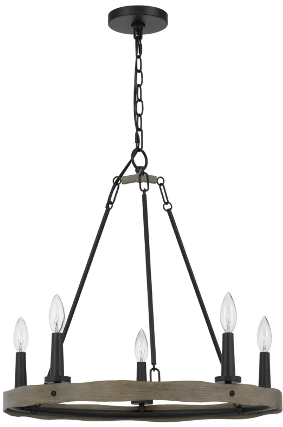 Stomy 23 Inch Chandelier, Brown Wood Wheel Design, Black Metal Chain - Benzara