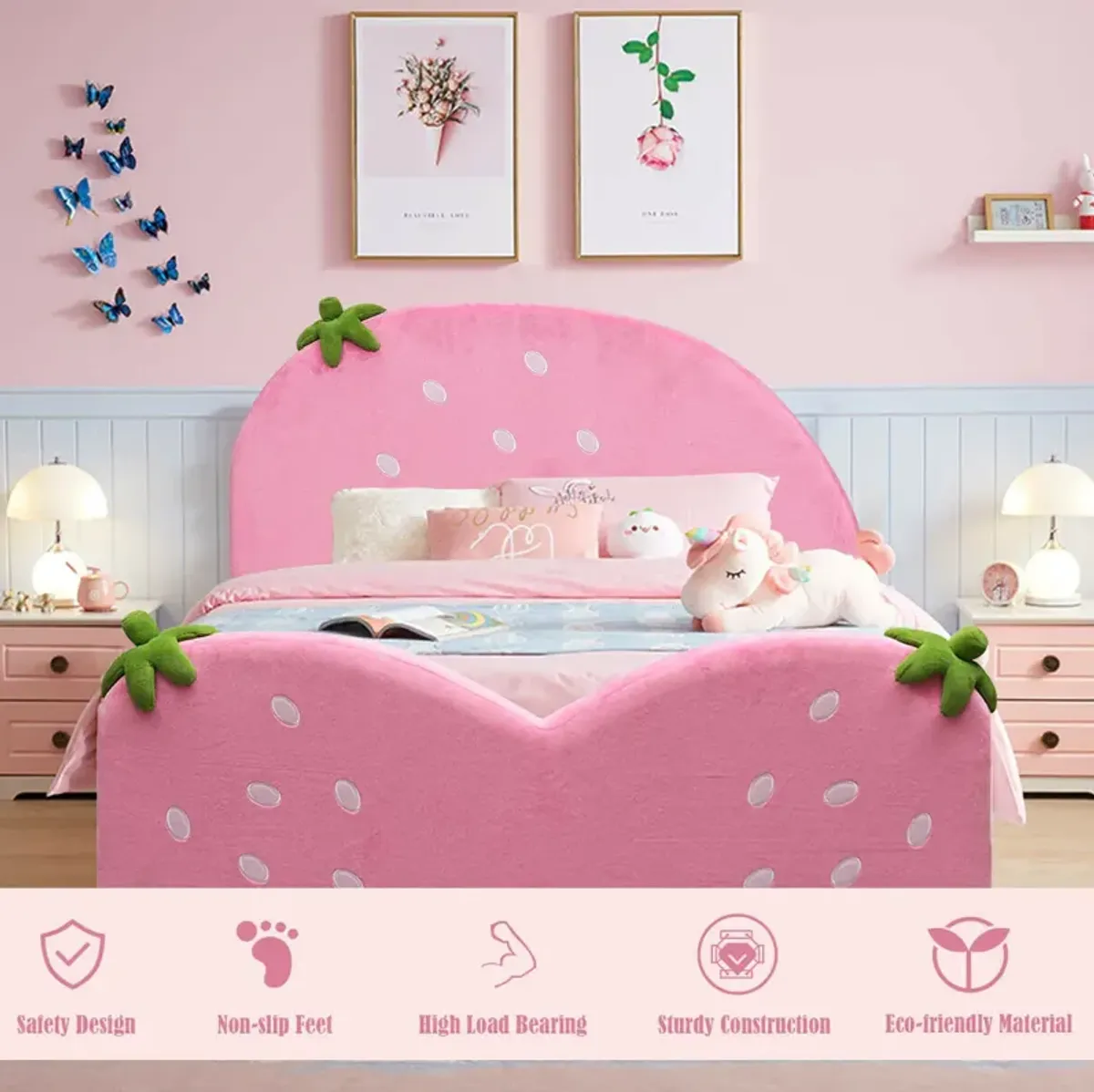 Kids Children Upholstered Berry Pattern Toddler Bed