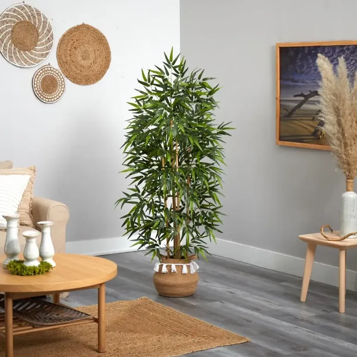 Hivvago 64 Inches Bamboo Artificial Tree with Natural Bamboo Trunks in Boho Chic Handmade Natural Cotton Woven Planter with Tassels