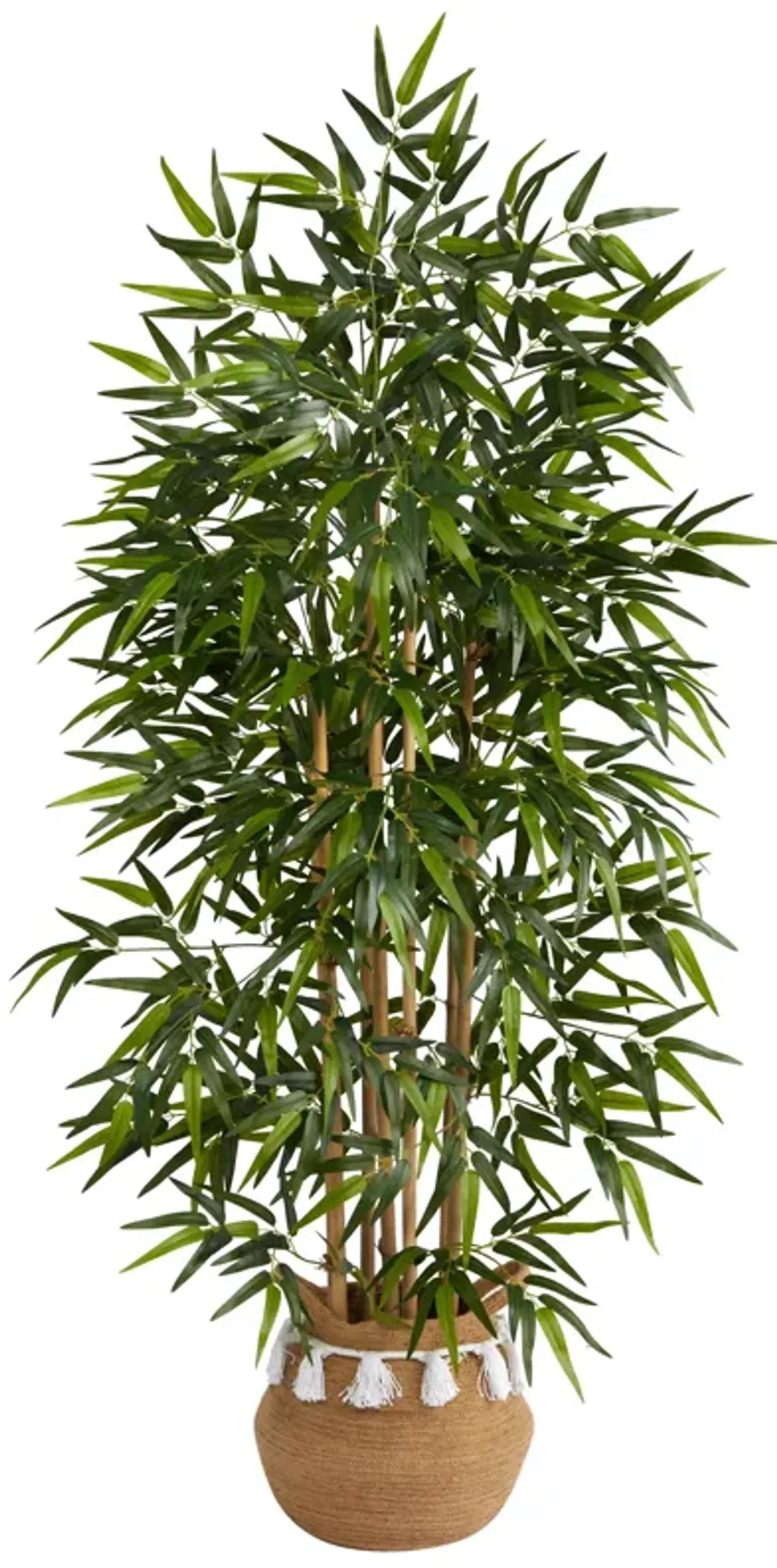 Hivvago 64 Inches Bamboo Artificial Tree with Natural Bamboo Trunks in Boho Chic Handmade Natural Cotton Woven Planter with Tassels