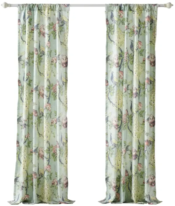 Eden 84 Inch WIndow Curtains, Butterflies and Songbirds, Green Microfiber - Benzara