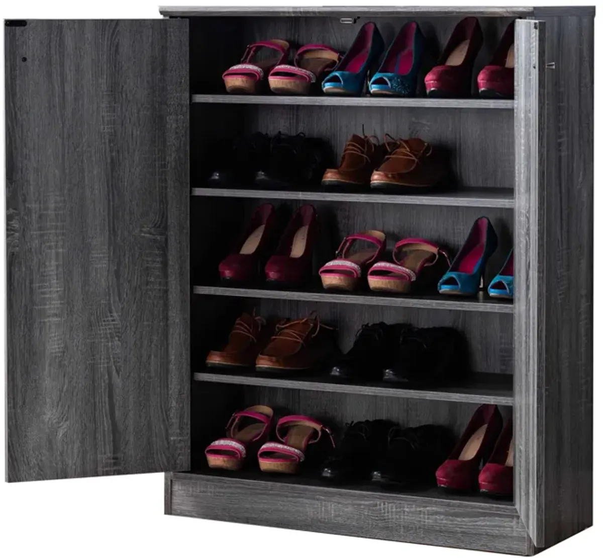 41 Inch Distressed Wooden Shoe Cabinet with 2 Drawers, Gray-Benzara