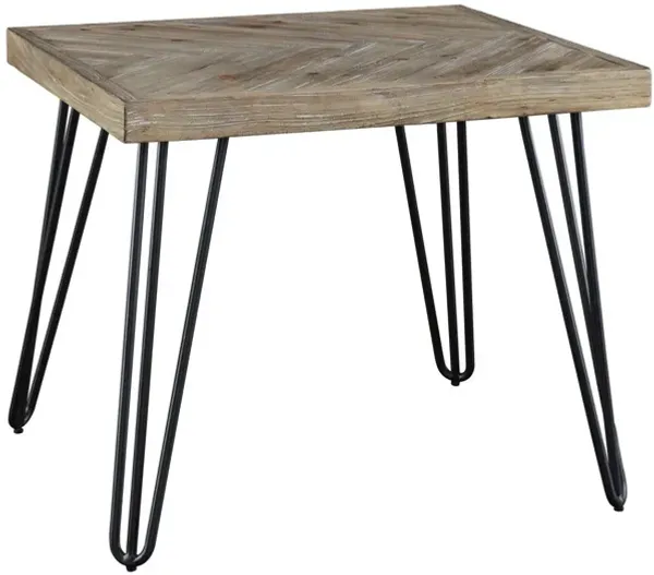 Benjara 27 Inch Side End Table, Herringbone Wood Top, Hairpin Metal Legs, Black and Brown