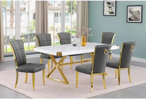 Best Quality Furniture 7pc Small(78) white wood top dining set with gold base and 6 chairs