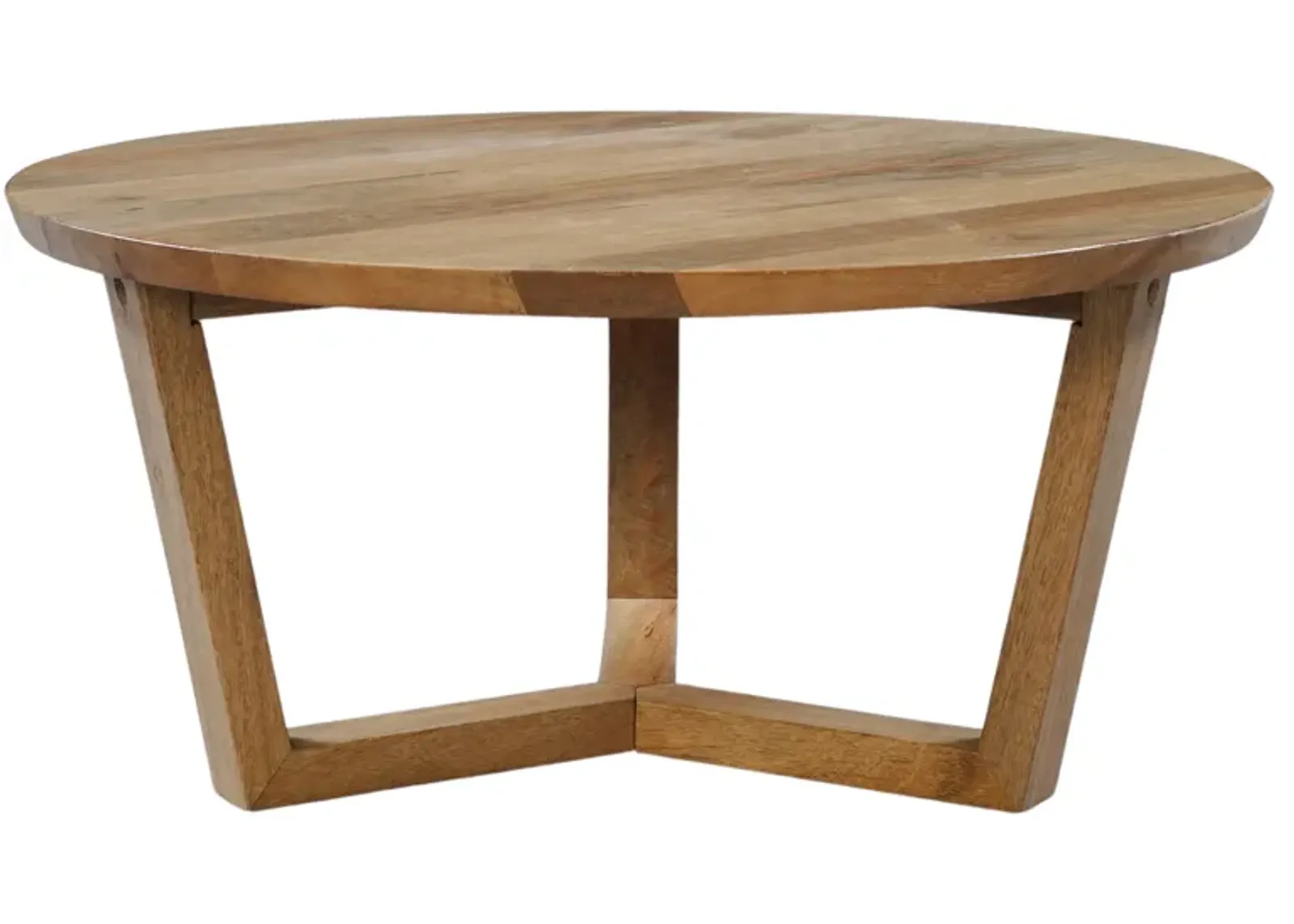 Vega 30 inch Round Mango Wood Coffee Table - Handcrafted Natural Brown, Sturdy 3-Leg Sled Base