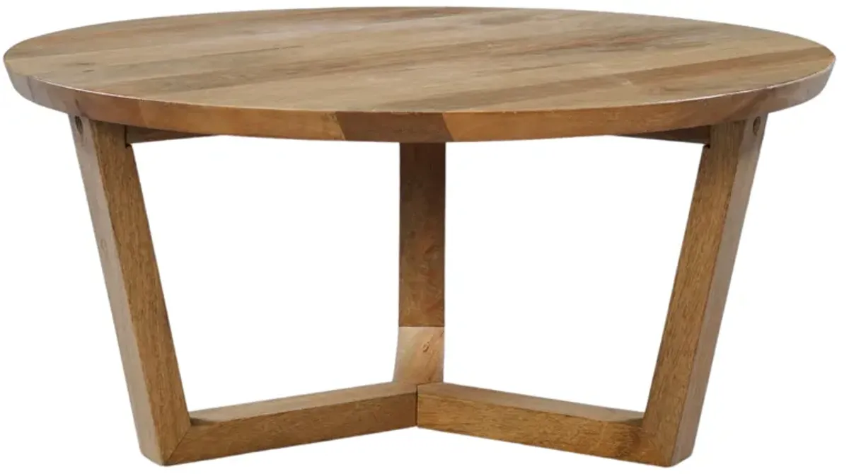 Vega 30 inch Round Mango Wood Coffee Table - Handcrafted Natural Brown, Sturdy 3-Leg Sled Base