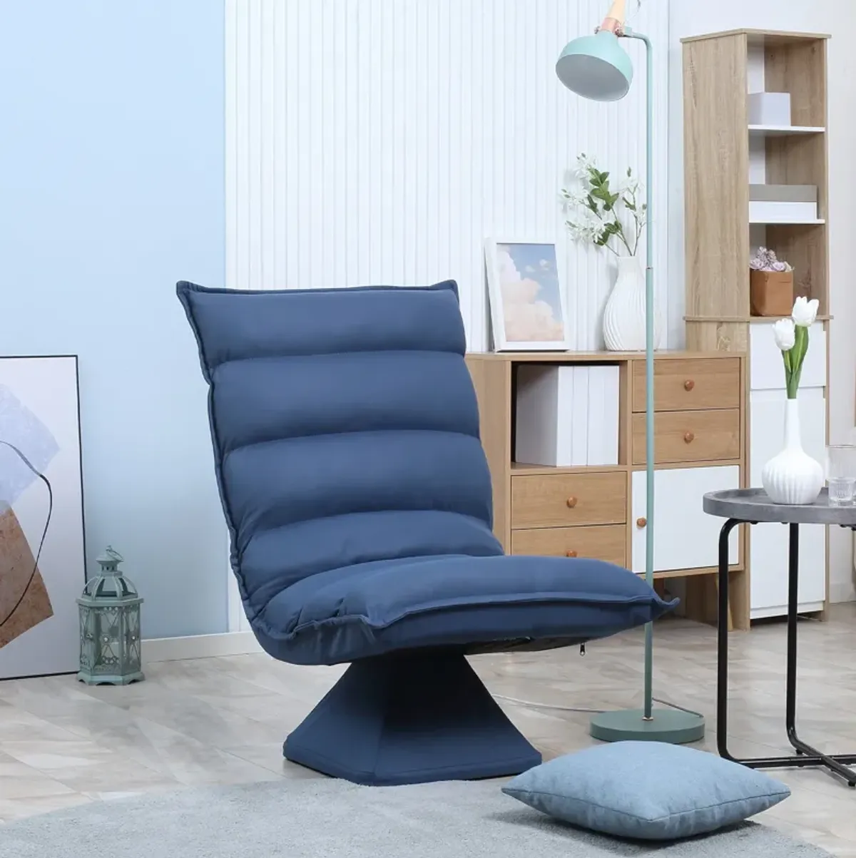 Blue Gaming Comfort: Adjustable Swivel Floor Chair with Back Support