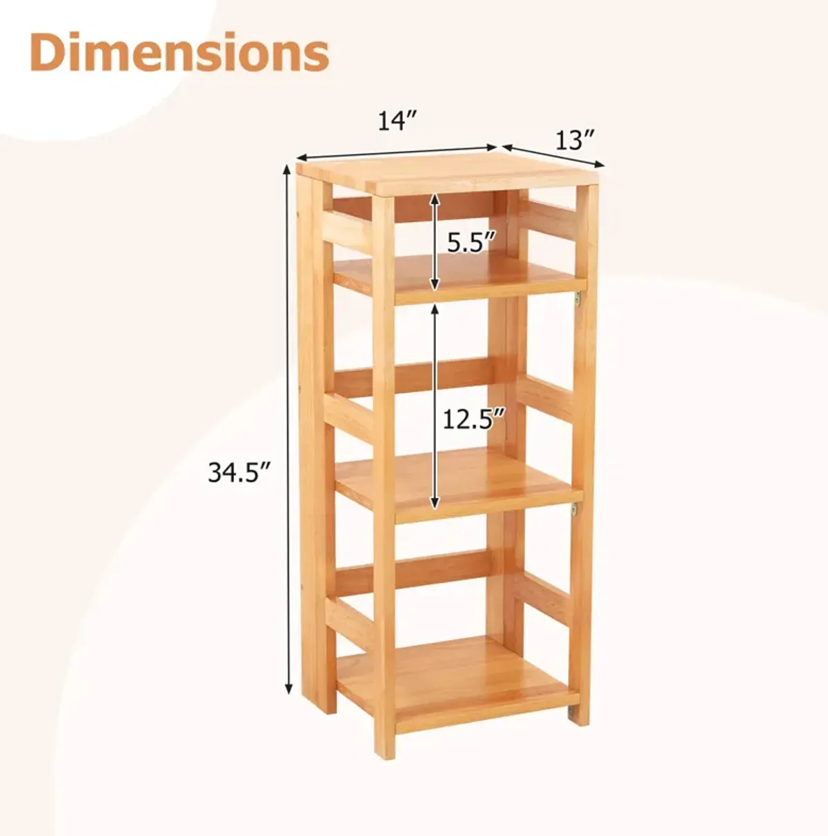 4-Tier Bookshelf Rubber Wood Bookcase with Side Fences for Living Room